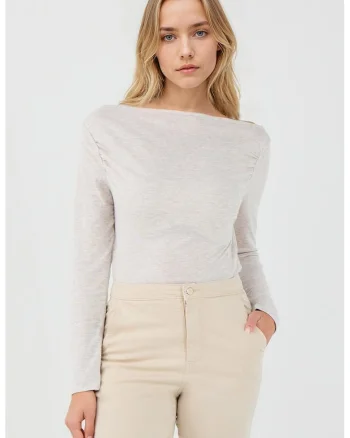 Bluza slim-fit cu decolteu barcuta, Bej deschis