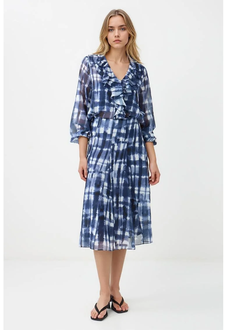 Fusta midi cu model, Alb/Bleumarin