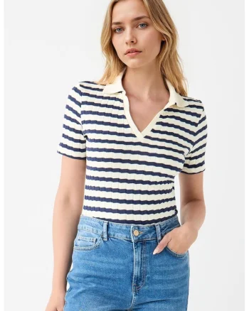 Bluza polo din tricot, Alb fildes/Bleumarin