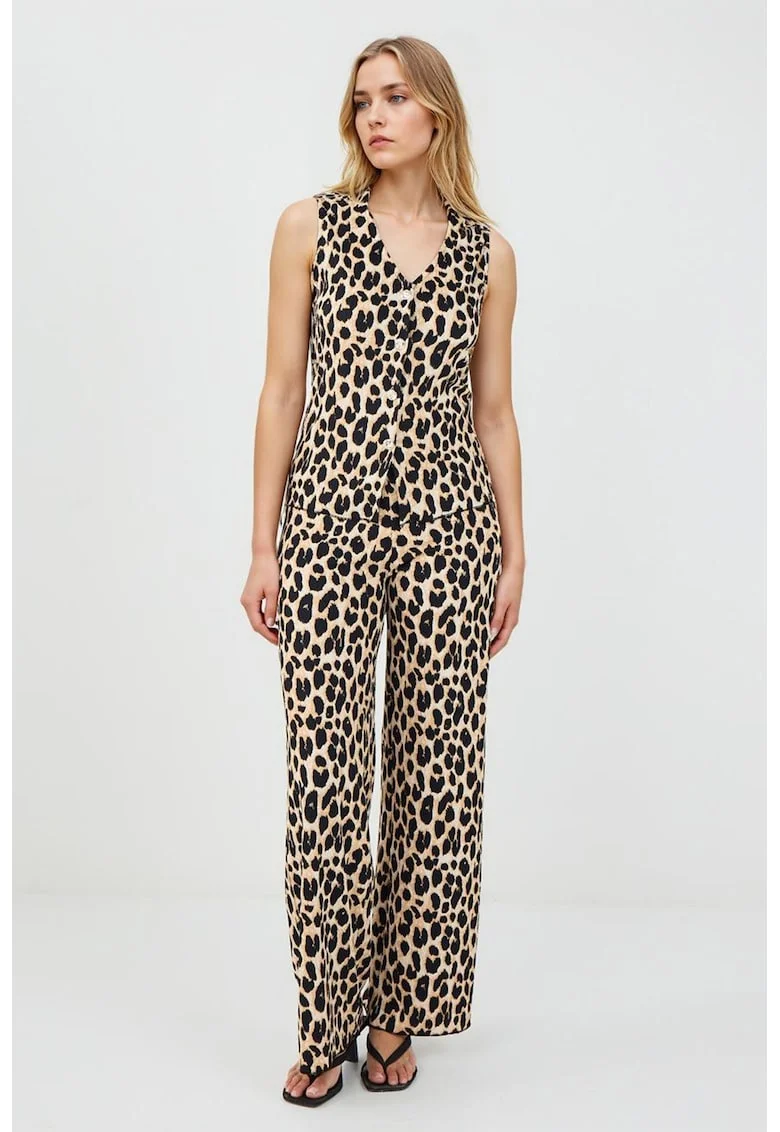 Vesta cu animal print si decolteu in V, Negru/Maro deschis