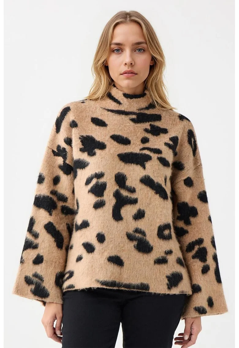 Pulover cu maneci cazute si animal print, Negru/Maro deschis