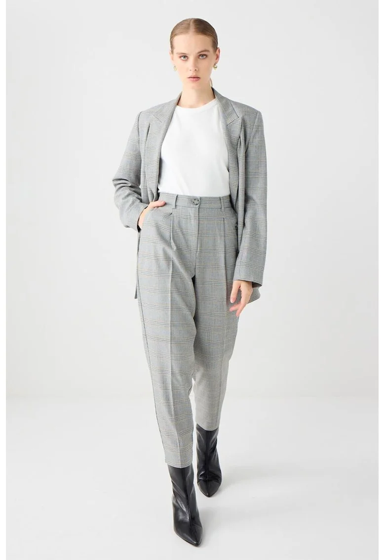 Pantaloni conici cu model in carouri si detalii pensa, Alb/Gri
