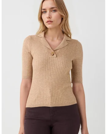Tricou slim-fit cu revere decupate si striatii, Bej inchis