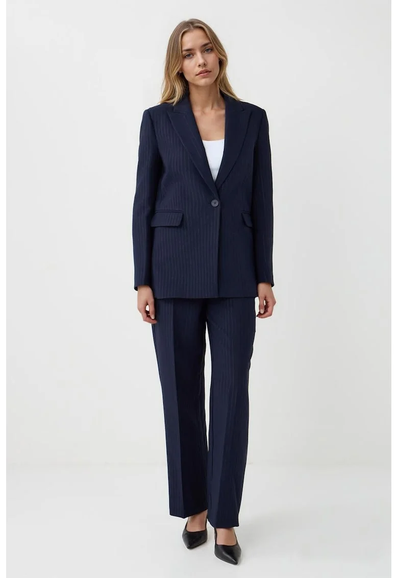 Pantaloni drepti cu detalii pensa si dungi, Bleumarin