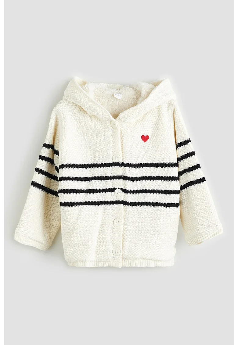 Cardigan cu gluga si model in dungi, Negru/Crem