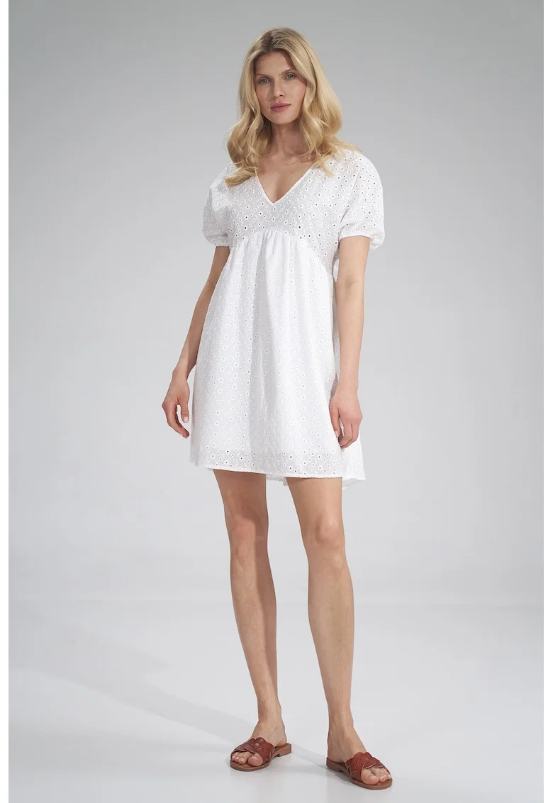 Rochie mini,  decolteu in V, bumbac, Alb