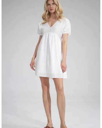 Rochie mini,  decolteu in V, bumbac, Alb