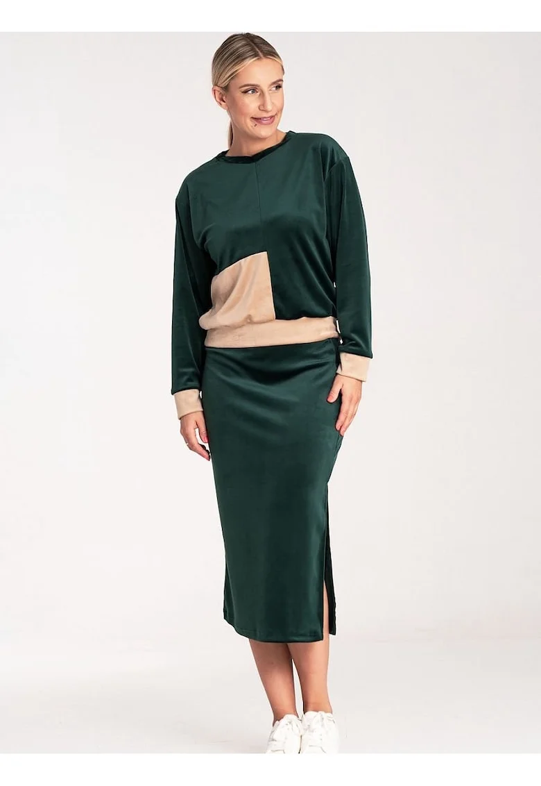 Set velur  bluza cu maneci lungi si fusta creion, verde, poliester, Verde