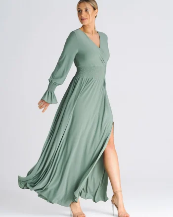 Rochie maxi  decolteu in V, talie elastica, verde, poliester 95%, elastan 5, Verde