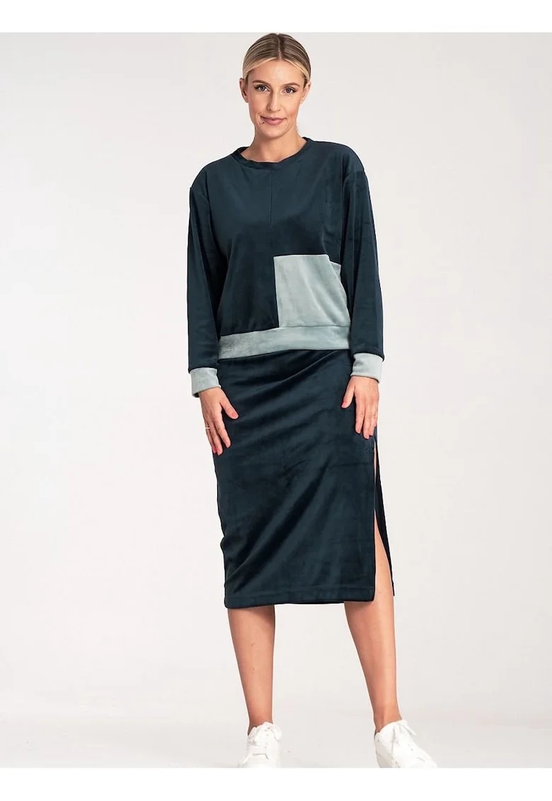 Set  bluza bicolor cu maneci lungi, fusta creion cu fanta, Bleumarin
