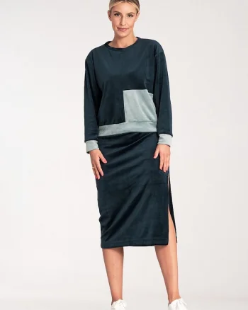 Set  bluza bicolor cu maneci lungi, fusta creion cu fanta, Bleumarin