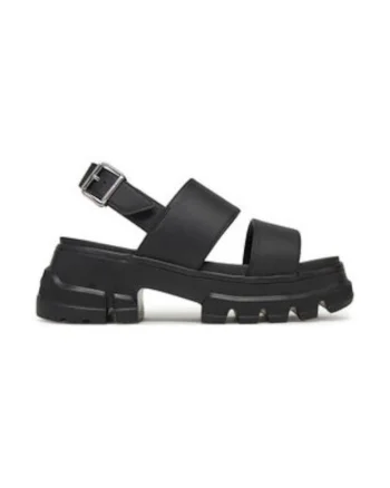 Sandale dama,  piele ecologica, negru, inchidere cu catarama