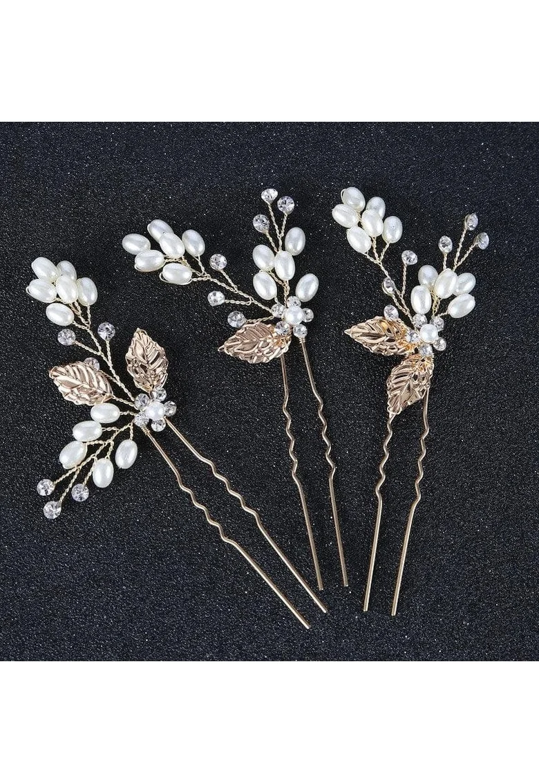 Set 3 accesorii par, aurii, cu perlute si pietre, Maribel C3