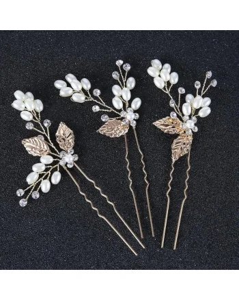 Set 3 accesorii par, aurii, cu perlute si pietre, Maribel C3