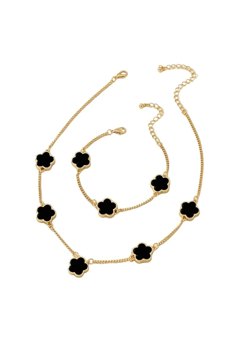 Set colier, cercei si bratara, auriu, cu pandantive flori negre, Nickie C15