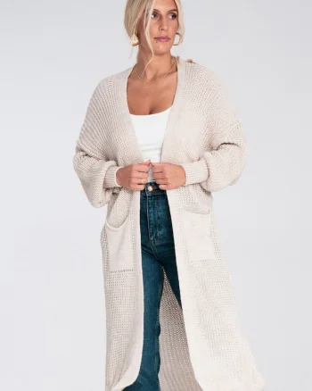 Cardigan maxi  bej, tricotat, croi lejer, cu buzunare, acril