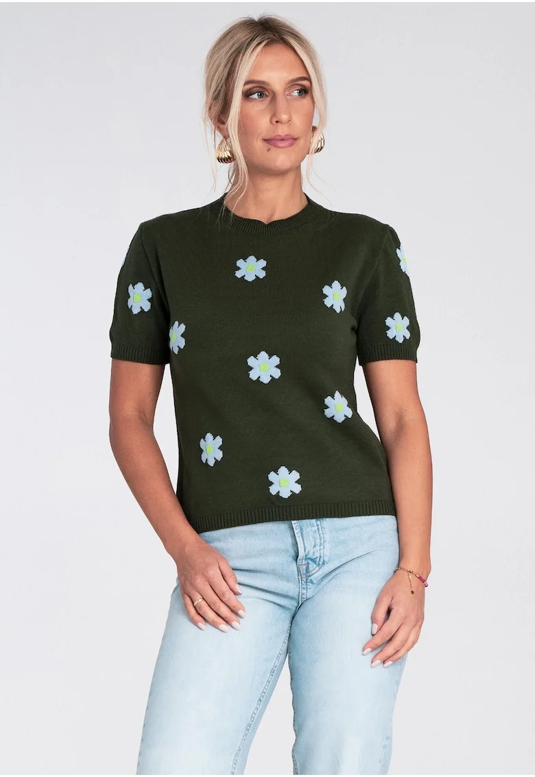 Pulover dama,  verde, cu maneca scurta, model floral roz, tricotaj viscoza