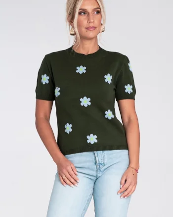 Pulover dama,  verde, cu maneca scurta, model floral roz, tricotaj viscoza