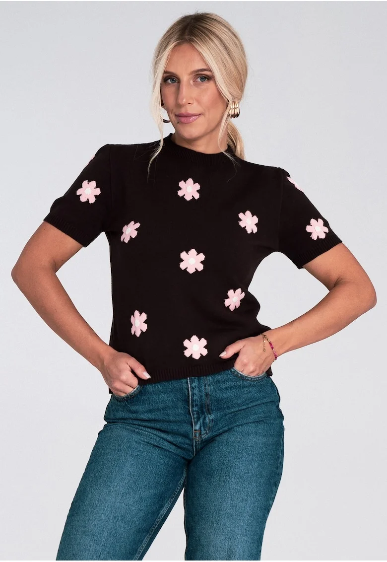 Pulover dama,  cu maneca scurta, flori, maro viscoza