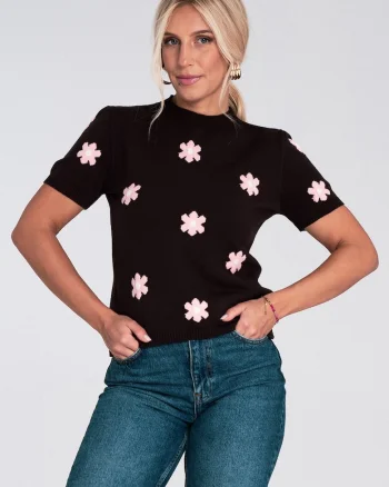 Pulover dama,  cu maneca scurta, flori, maro viscoza