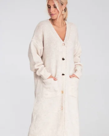 Cardigan lung  bej, tricotat, cu nasturi, croiala supradimensionata, buzunare