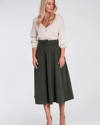 Fusta midi  verde intens, evazata, cu curea, material sintetic,