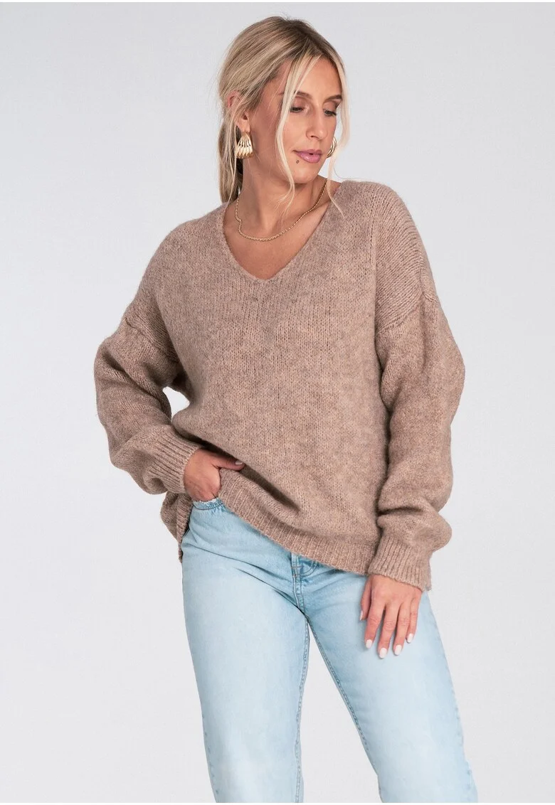 Pulover dama,  supradimensionat, decolteu in V, bej, tricotaj sintetic