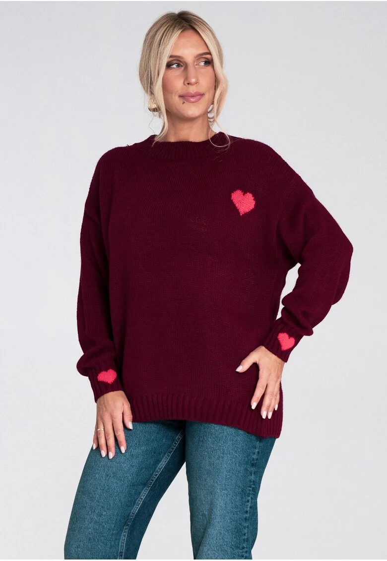 Pulover dama,  tricotat gros, visiniu