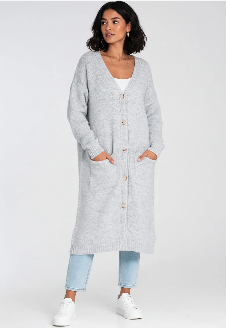 Cardigan lung  gri, cu nasturi, pentru femei, acril
