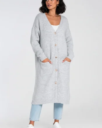 Cardigan lung  gri, cu nasturi, pentru femei, acril