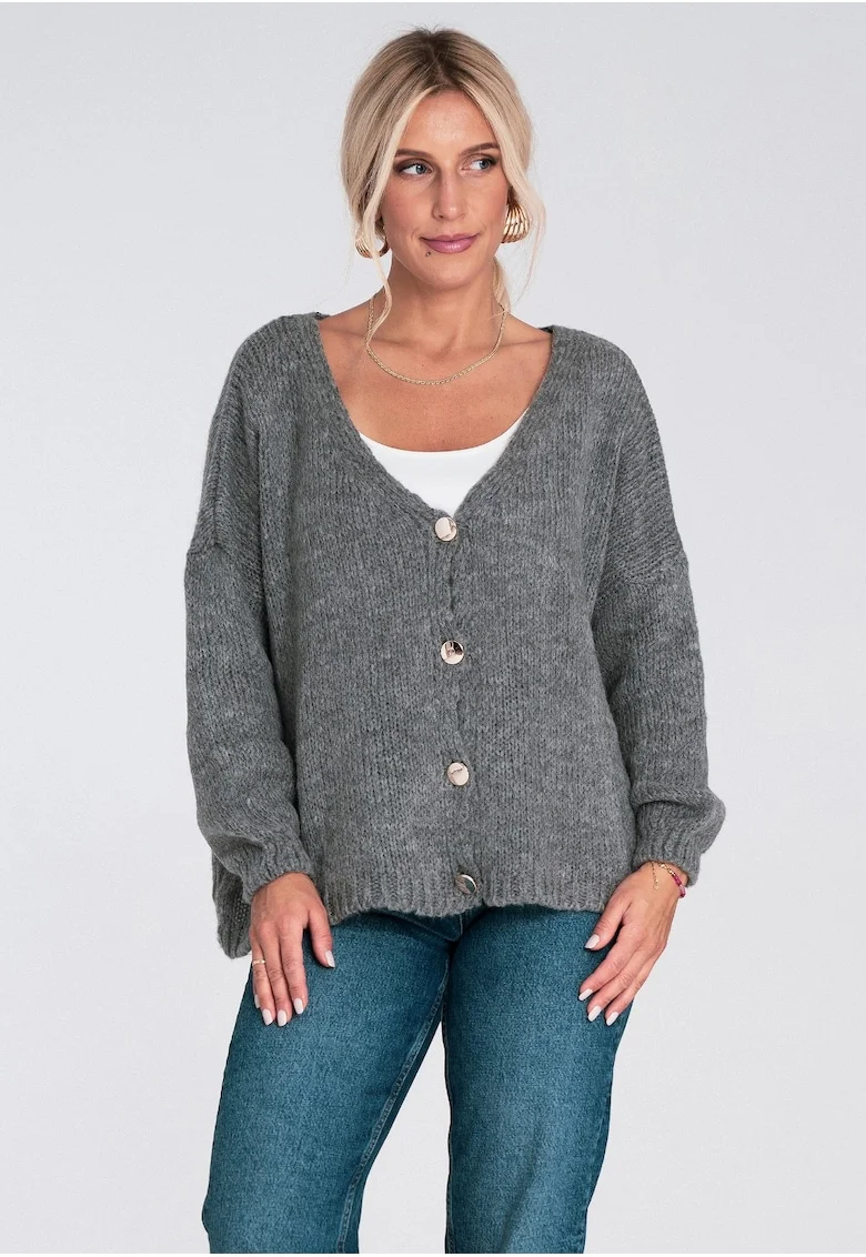 Cardigan  gri, tricotat, cu nasturi, croiala lejera, pentru ocazii casual