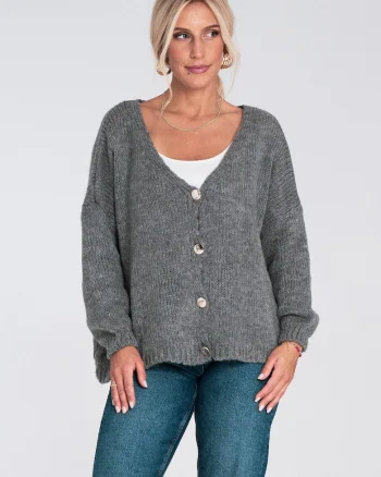 Cardigan  gri, tricotat, cu nasturi, croiala lejera, pentru ocazii casual
