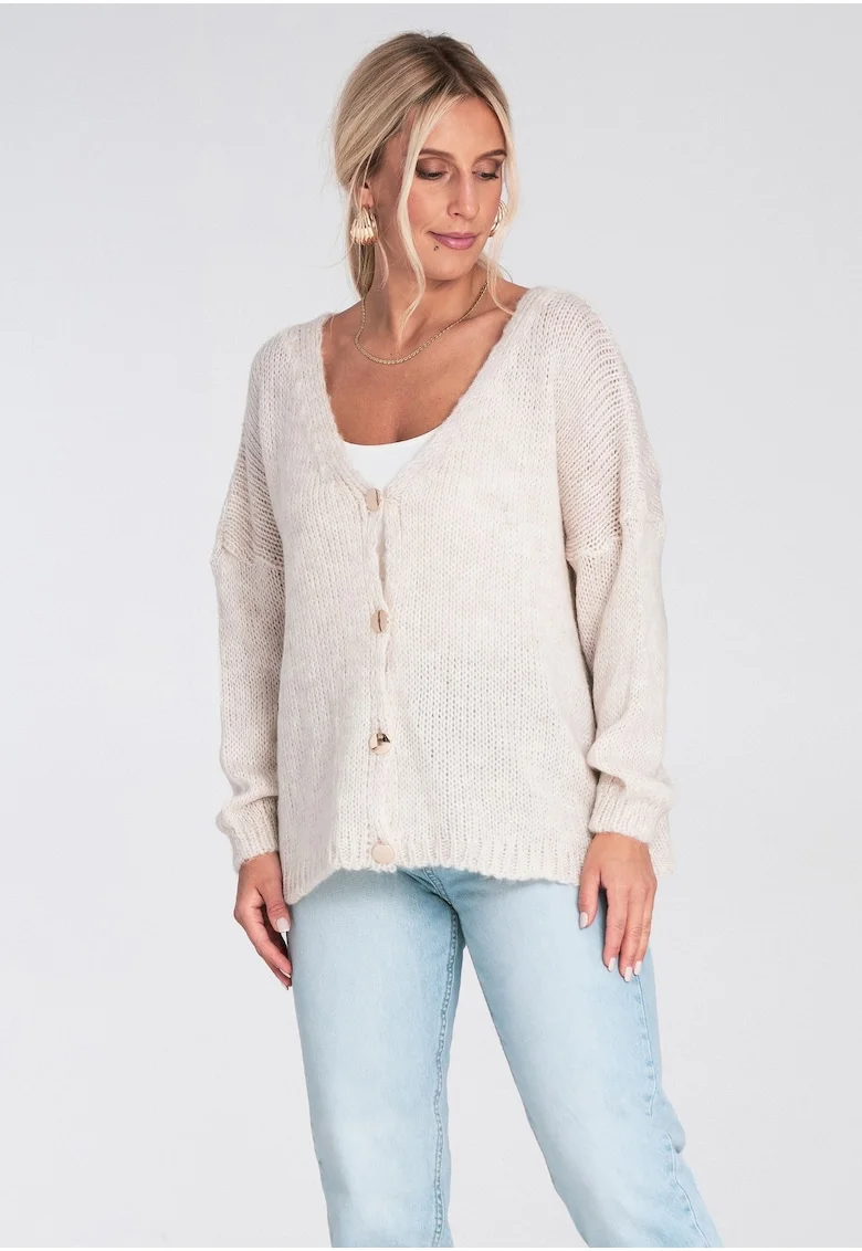 Cardigan scurt dama,  pulover cu nasturi decorativi, bej, material tricotat, poliester