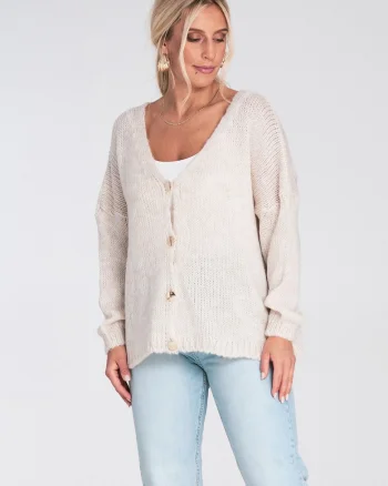 Cardigan scurt dama,  pulover cu nasturi decorativi, bej, material tricotat, poliester