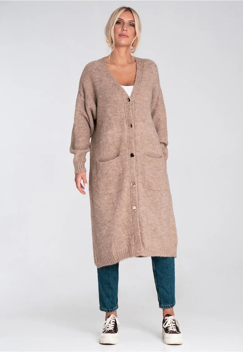 Cardigan lung  maro, tricotat, cu nasturi, croi lejer, buzunare, acril poliester