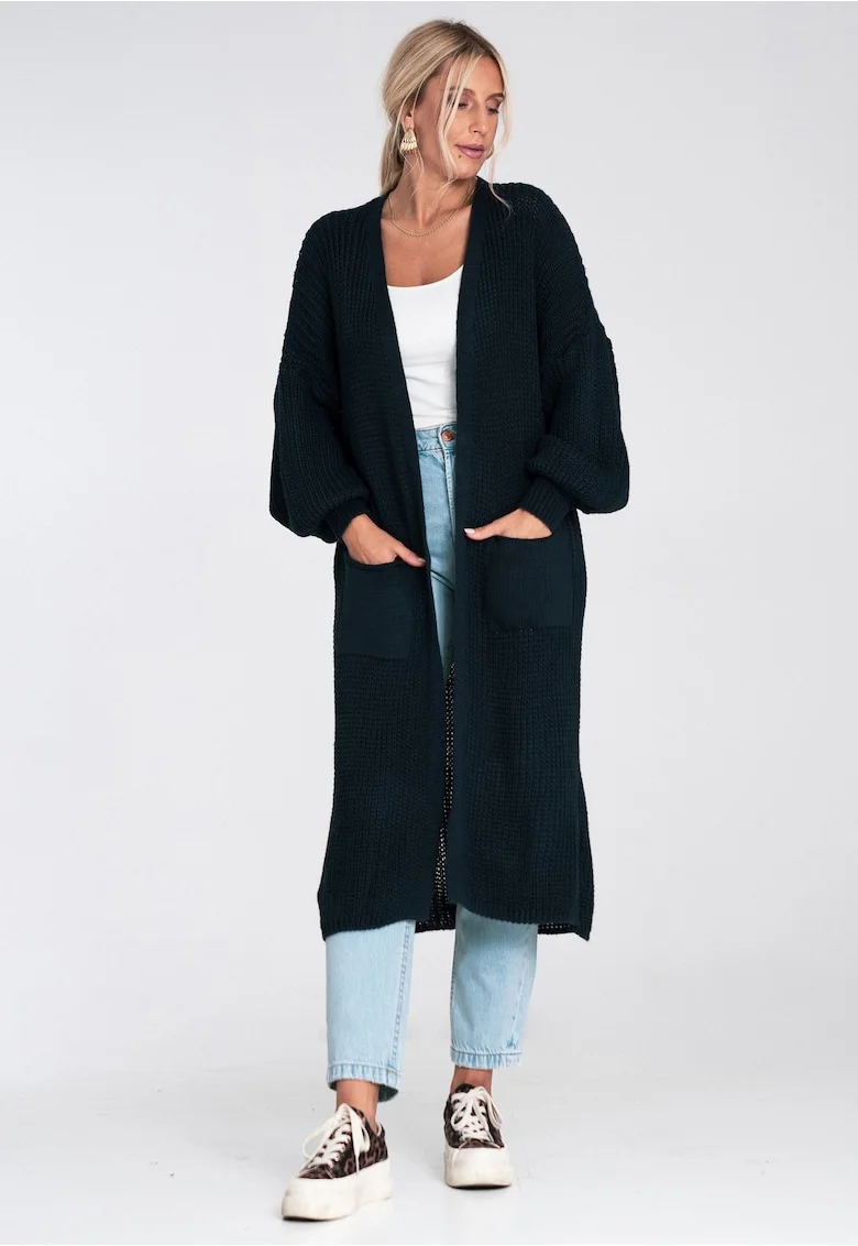 Cardigan lung  bleumarin, subtire, fara inchidere, pentru femei acril