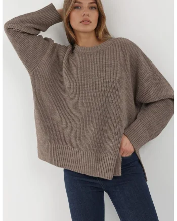 Pulover dama,  tricotat texturat, guler rotund, bej, material acrilic
