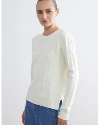 Pulover cu model torsade, Alb