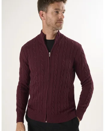 Cardigan uni de bumbac cu fermoar, Visiniu