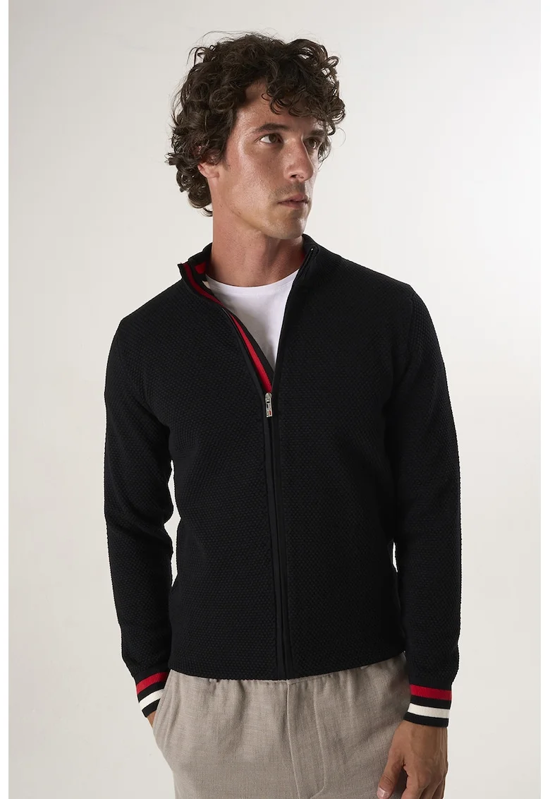 Cardigan tricotat cu terminatii cu dungi, Negru