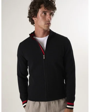 Cardigan tricotat cu terminatii cu dungi, Negru
