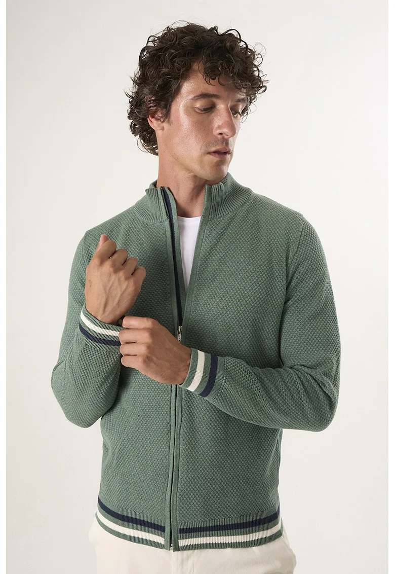 Cardigan tricotat cu terminatii cu dungi, Verde pal