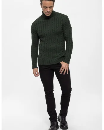 Pulover cu guler inalt si model torsade, Verde englez