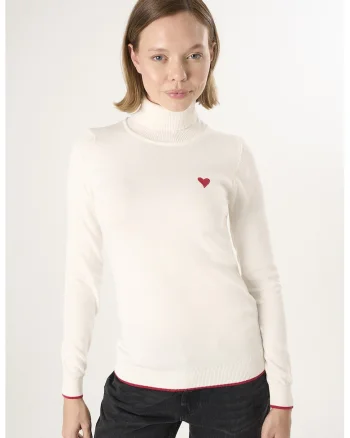 Pulover slim fit cu guler inalt, Crem