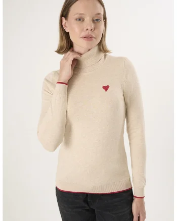 Pulover slim fit cu guler inalt, Bej