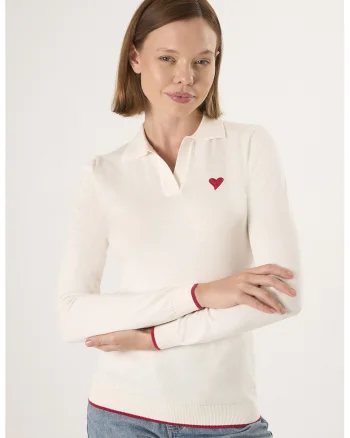 Pulover polo cu terminatie contrastante, Crem