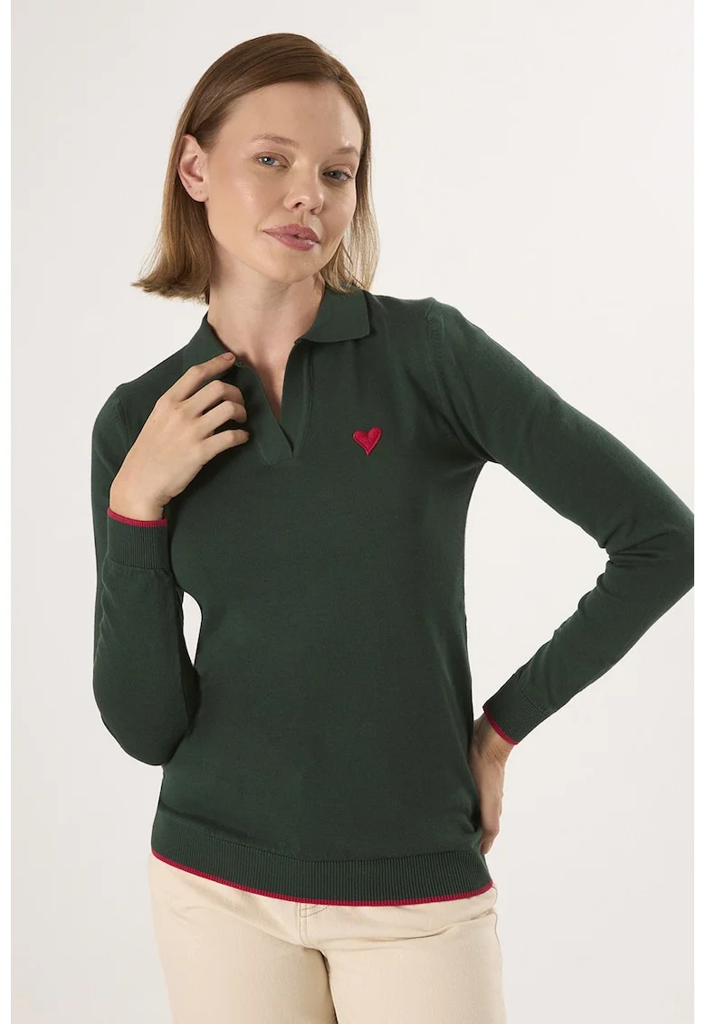 Pulover polo cu terminatie contrastante, Verde inchis