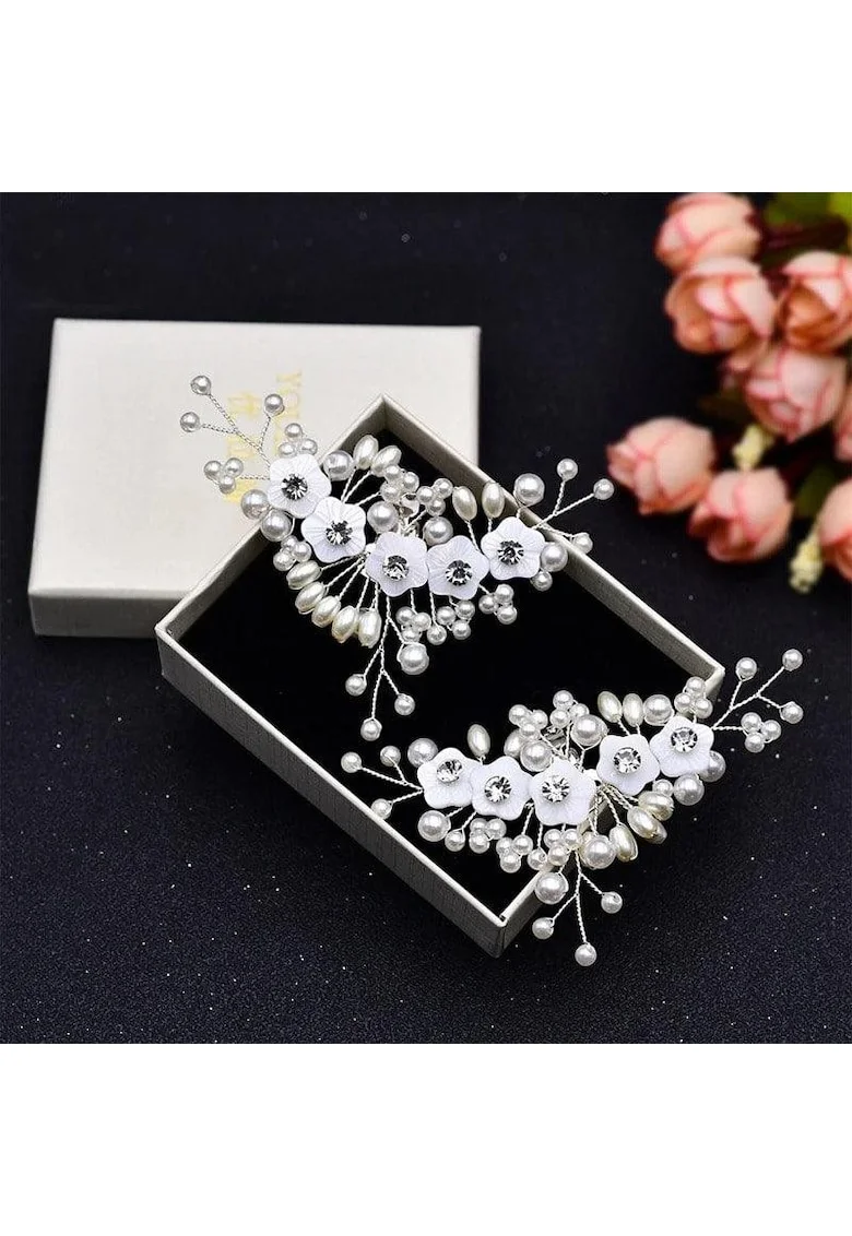 Set 2 brose argintii, pentru pantofi, cu clips si perle, Oddvar C1