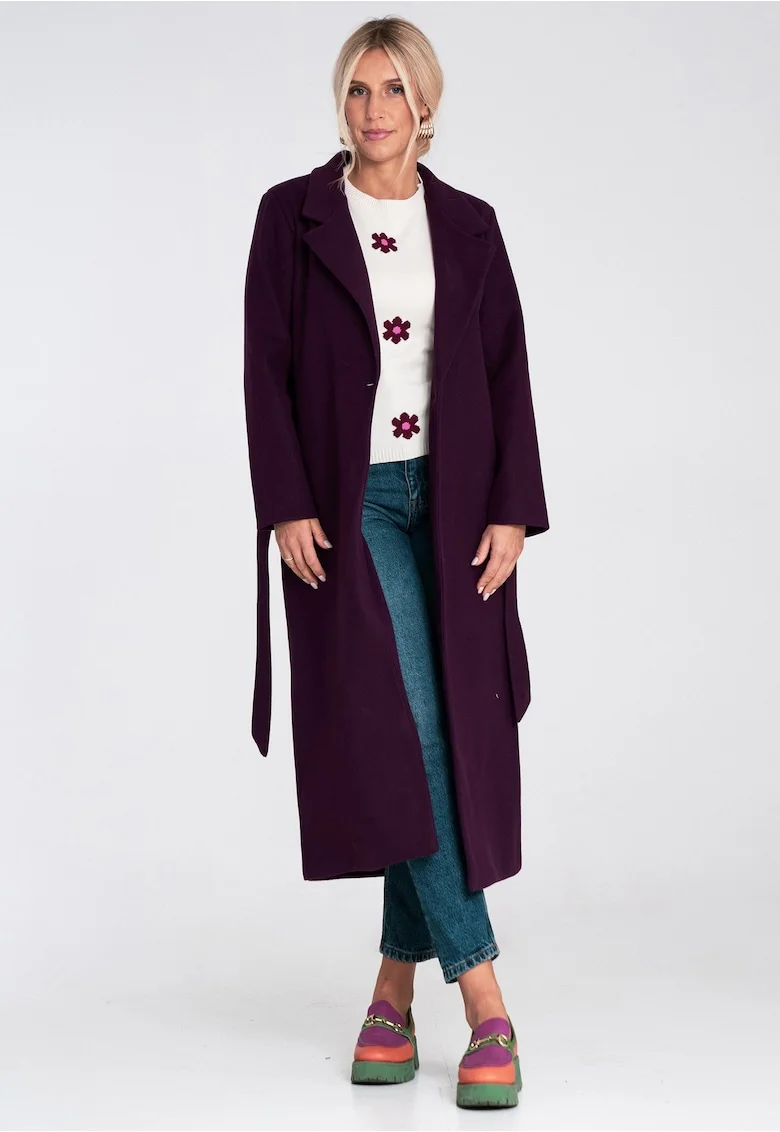 Palton dama,  lung, violet, cu curea, tesatura din amestec de lana