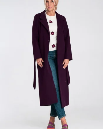 Palton dama,  lung, violet, cu curea, tesatura din amestec de lana